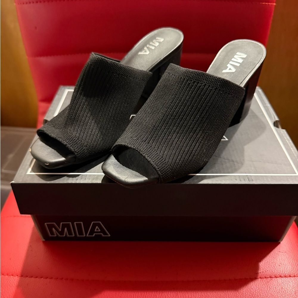 MIA Black Knit Open-Toe Mules